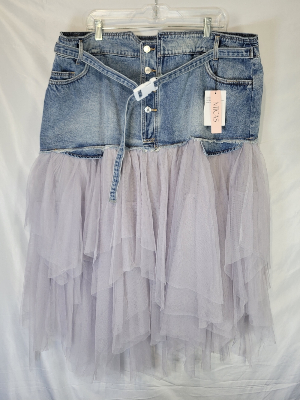 MICAS Denim Tulle Patchwork Highwaisted Festival, Fairy, Western Midi Skirt - Picture 4 of 13